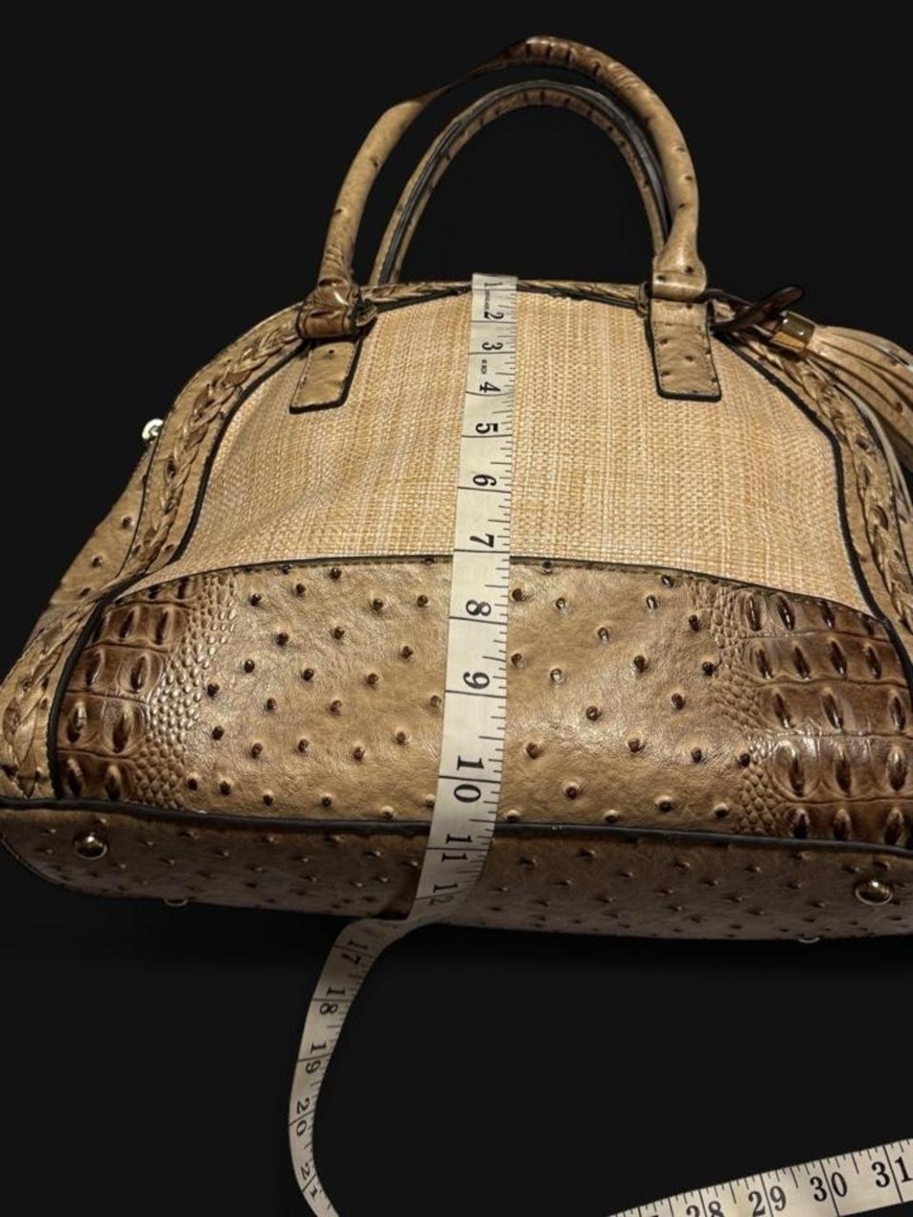 Neutral Tan Woven Satchel with Ostrich-Textured Trim